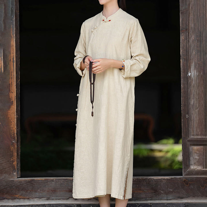 Buddha Stones Fall Plain Chinese Frog-Button Design Cotton Linen Long Sleeve Midi Dress With Pockets - image 6