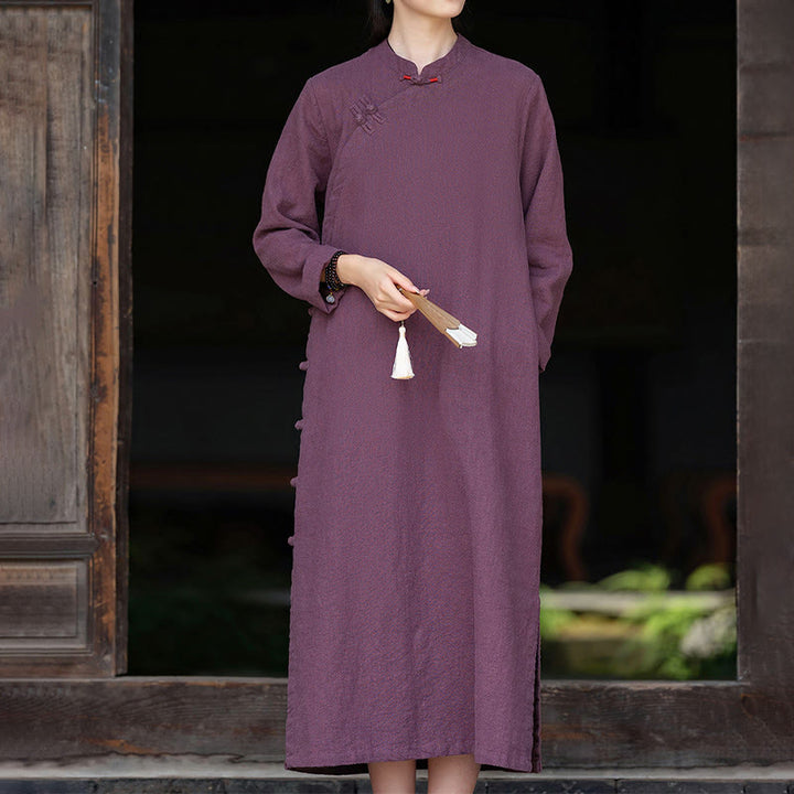 Buddha Stones Fall Plain Chinese Frog-Button Design Cotton Linen Long Sleeve Midi Dress With Pockets - DarkMagenta - US8-10,UK/AU12-14,EU40-42 (2XL) - image 7