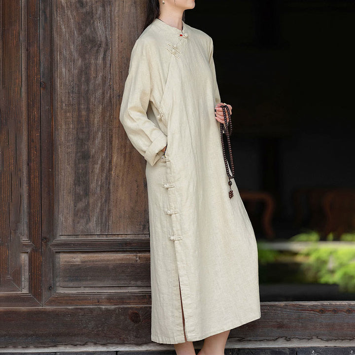 Buddha Stones Fall Plain Chinese Frog-Button Design Cotton Linen Long Sleeve Midi Dress With Pockets - image 3