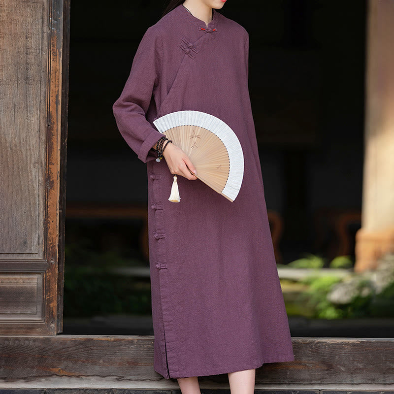 Buddha Stones Fall Plain Chinese Frog-Button Design Cotton Linen Long Sleeve Midi Dress With Pockets - image 10