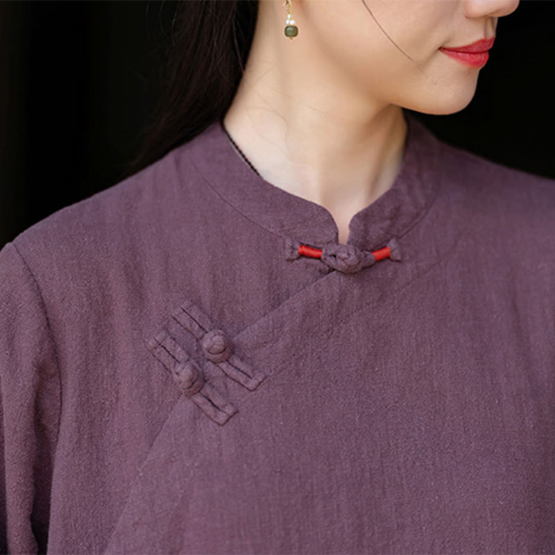 Buddha Stones Fall Plain Chinese Frog-Button Design Cotton Linen Long Sleeve Midi Dress With Pockets - image 14