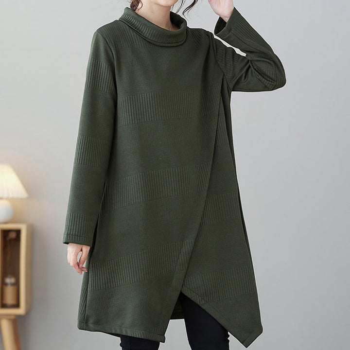 Buddha Stones Winter Irregular Hem Design Mock Neck Cotton Long Sleeve Midi Dress With Pockets - SeaGreen - US14,UK/AU18,EU46 (2XL) - image 0