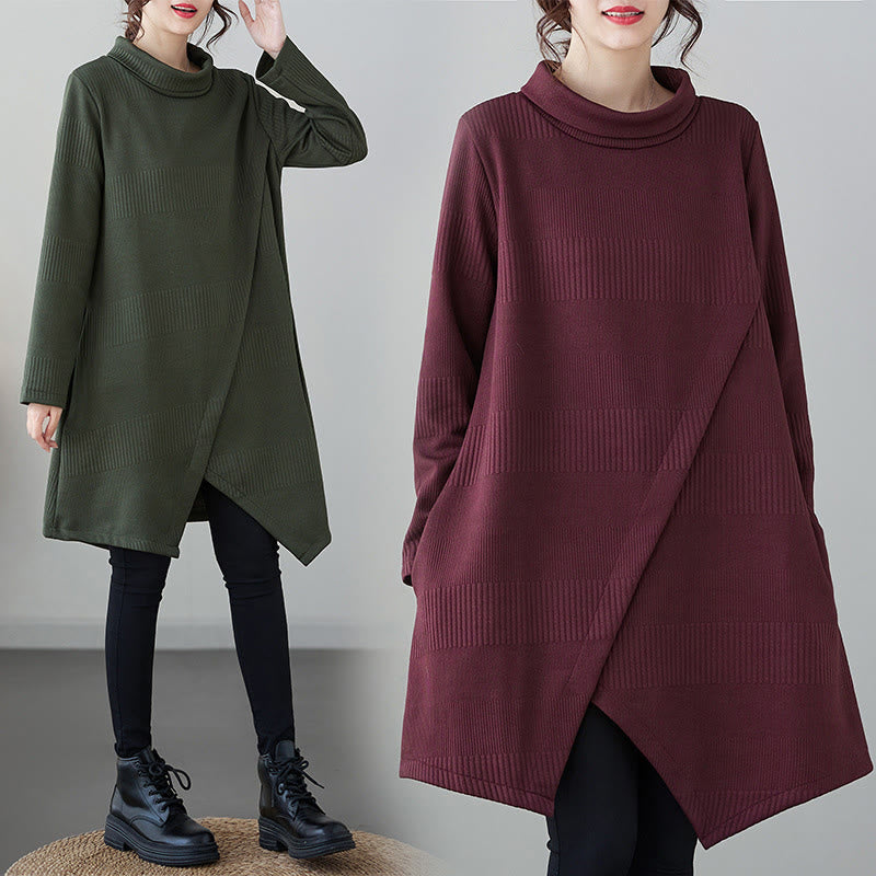 Buddha Stones Winter Irregular Hem Design Mock Neck Cotton Long Sleeve Midi Dress With Pockets - image 11