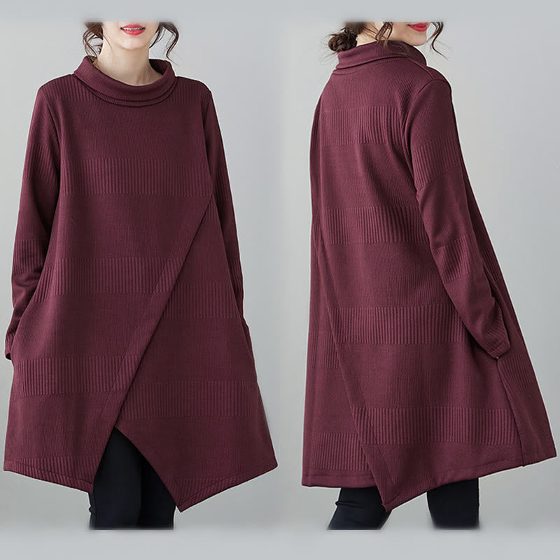 Buddha Stones Winter Irregular Hem Design Mock Neck Cotton Long Sleeve Midi Dress With Pockets - image 10