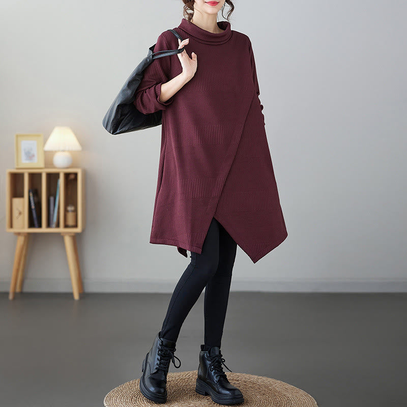 Buddha Stones Winter Irregular Hem Design Mock Neck Cotton Long Sleeve Midi Dress With Pockets - FireBrick - US14,UK/AU18,EU46 (2XL) - image 4