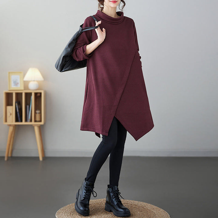 Buddha Stones Winter Irregular Hem Design Mock Neck Cotton Long Sleeve Midi Dress With Pockets - FireBrick - US14,UK/AU18,EU46 (2XL) - image 4