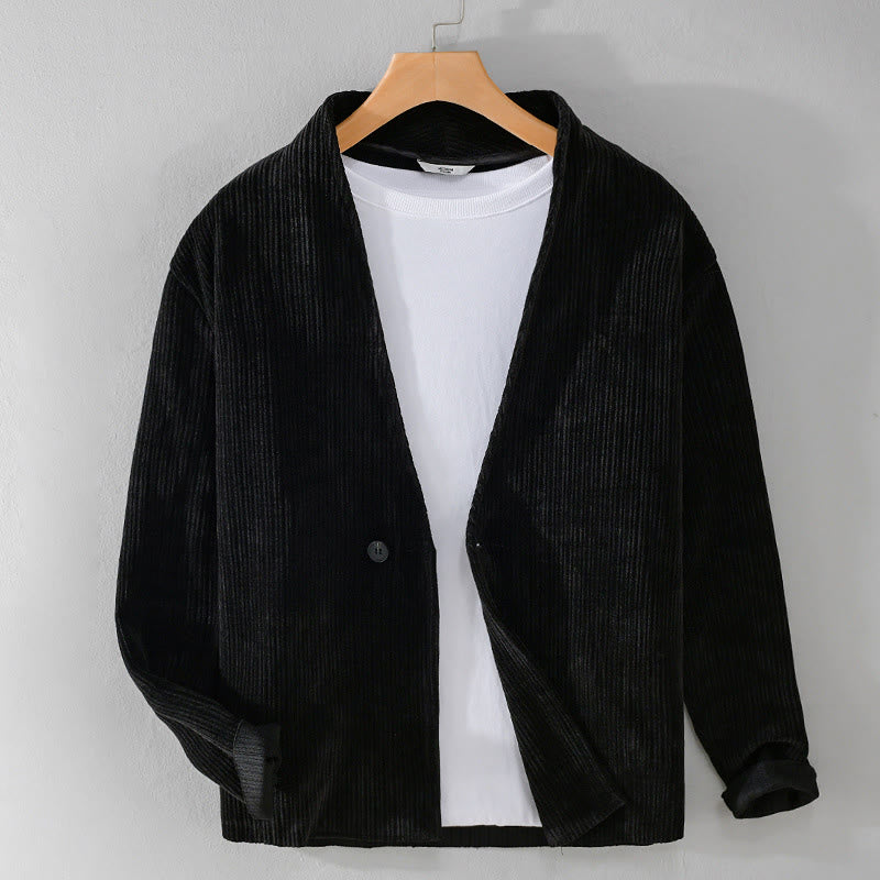 Buddha Stones Commute V-neck Simple Ribbed Texture Design Long Sleeve Men's Jacket - Black - US/UK/AU42,EU52 (3XL) - image 13