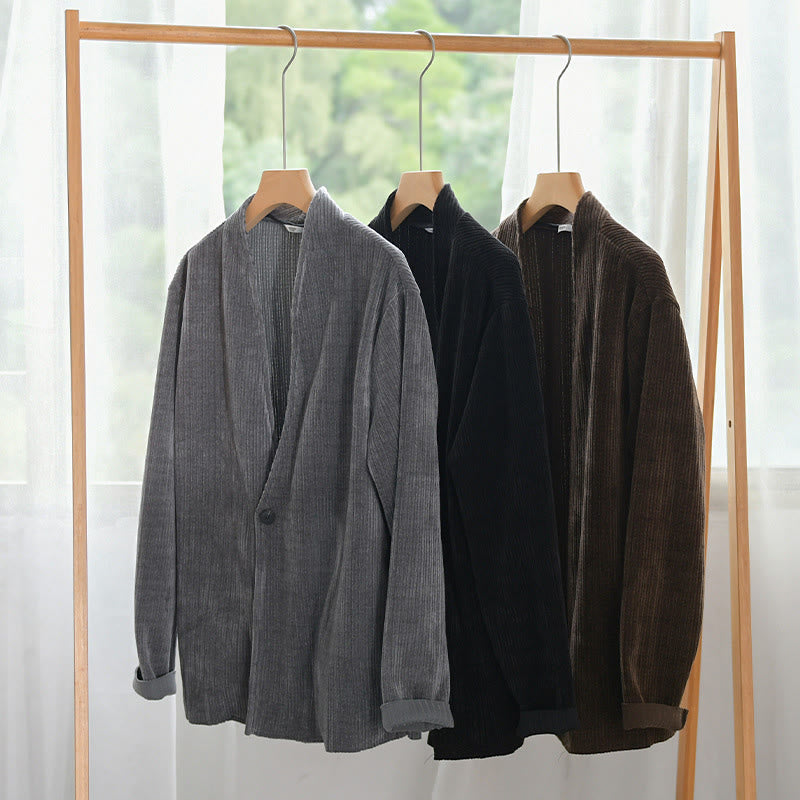 Buddha Stones Commute V-neck Simple Ribbed Texture Design Long Sleeve Men's Jacket - image 18