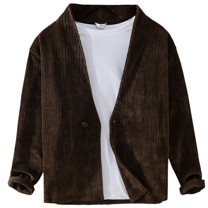 Buddha Stones Commute V-neck Simple Ribbed Texture Design Long Sleeve Men's Jacket - image 12