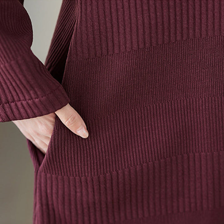 Buddha Stones Winter Irregular Hem Design Mock Neck Cotton Long Sleeve Midi Dress With Pockets - image 7