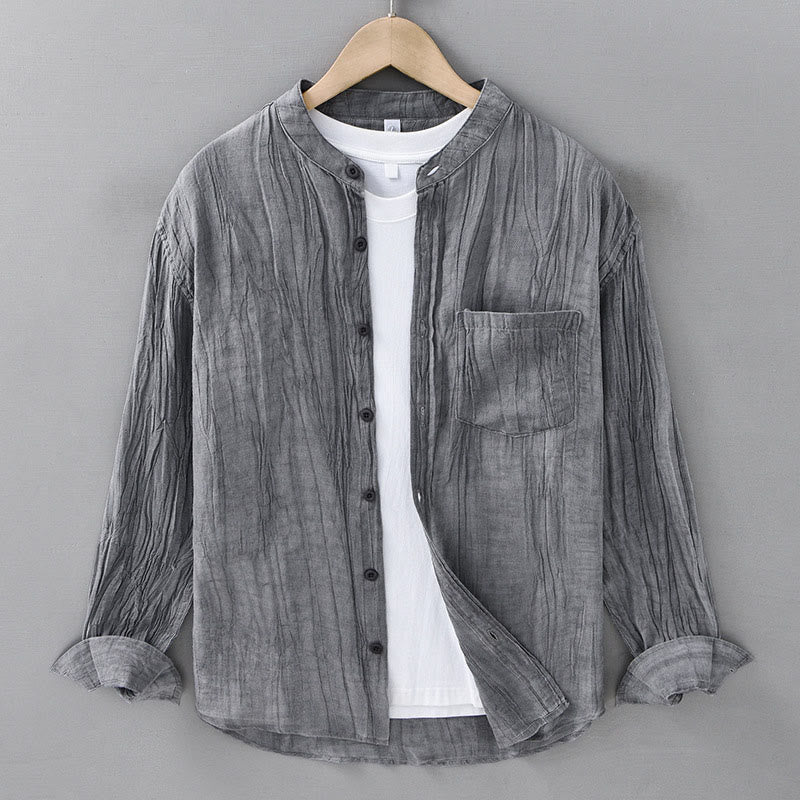Buddha Stones Solid Long Sleeve Creases Design Buttons Down Ramie Linen Men's Shirts - Gray - US/UK/AU42,EU52 (3XL) - image 0