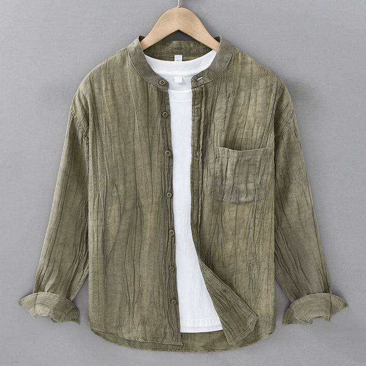 Buddha Stones Solid Long Sleeve Creases Design Buttons Down Ramie Linen Men's Shirts - YellowGreen - US/UK/AU42,EU52 (3XL) - image 5