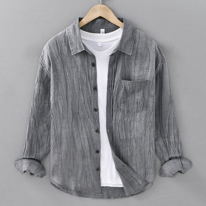 Buddha Stones Solid Long Sleeve Stand Collar Wrinkles Button Down Ramie Linen Men's Shirts - Gray - US/UK/AU42,EU52 (3XL) - image 4