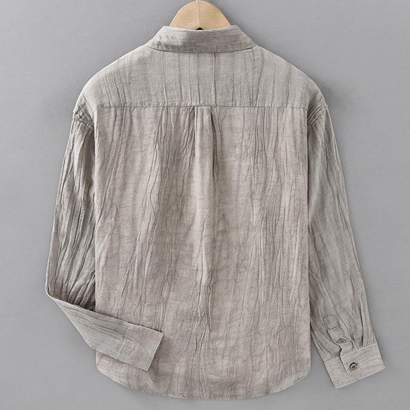 Buddha Stones Solid Long Sleeve Stand Collar Wrinkles Button Down Ramie Linen Men's Shirts - image 13