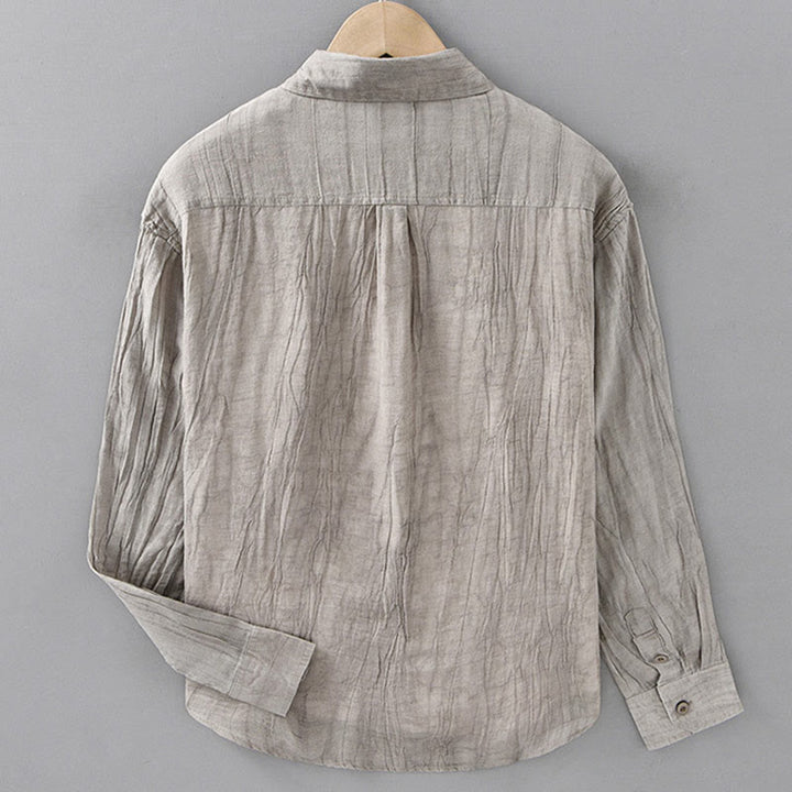Buddha Stones Solid Long Sleeve Stand Collar Wrinkles Button Down Ramie Linen Men's Shirts - image 13
