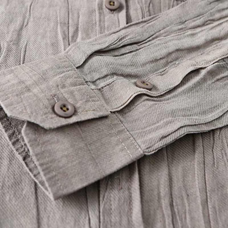 Buddha Stones Solid Long Sleeve Stand Collar Wrinkles Button Down Ramie Linen Men's Shirts - image 17