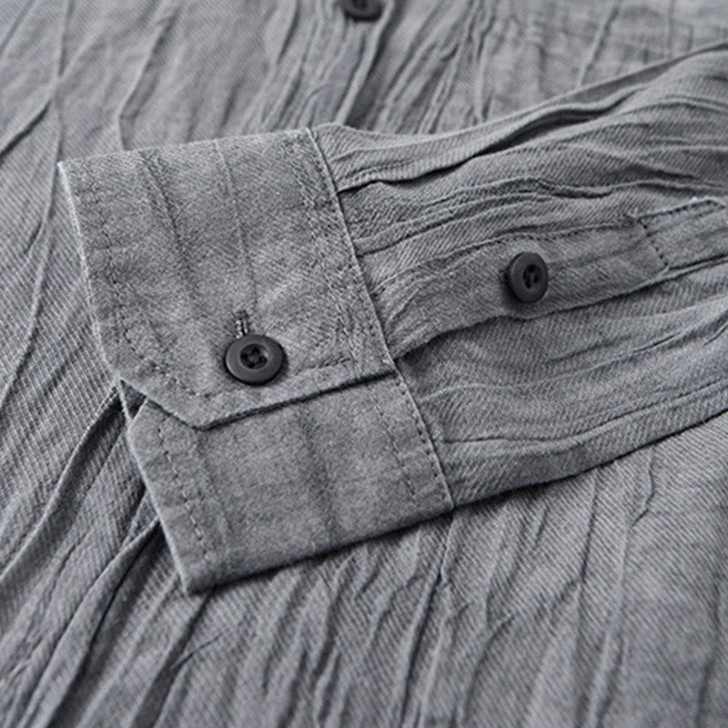 Buddha Stones Solid Long Sleeve Stand Collar Wrinkles Button Down Ramie Linen Men's Shirts - image 7