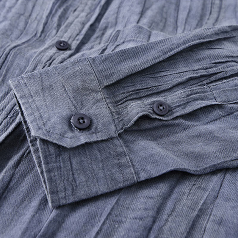 Buddha Stones Solid Long Sleeve Stand Collar Wrinkles Button Down Ramie Linen Men's Shirts - image 3