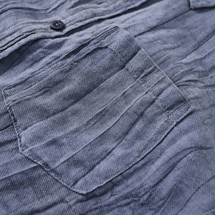 Buddha Stones Solid Long Sleeve Stand Collar Wrinkles Button Down Ramie Linen Men's Shirts - image 2