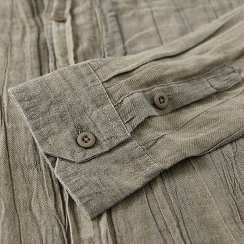 Buddha Stones Solid Long Sleeve Stand Collar Wrinkles Button Down Ramie Linen Men's Shirts - image 10
