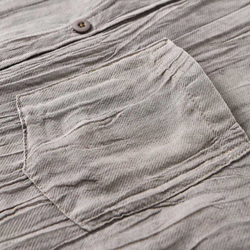 Buddha Stones Solid Long Sleeve Stand Collar Wrinkles Button Down Ramie Linen Men's Shirts - image 16