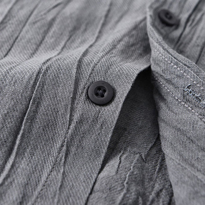 Buddha Stones Solid Long Sleeve Stand Collar Wrinkles Button Down Ramie Linen Men's Shirts - image 6