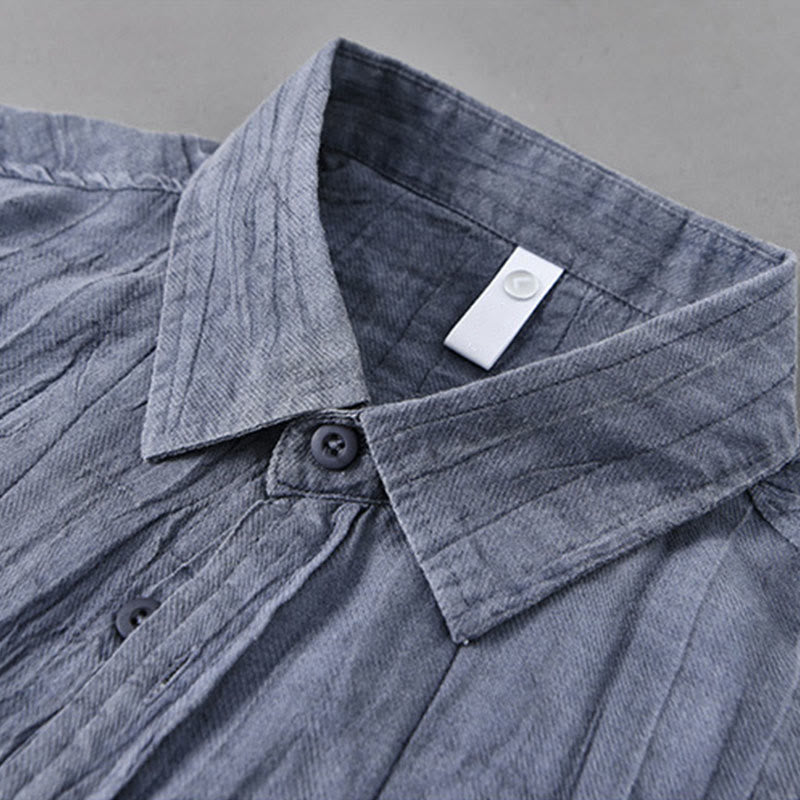 Buddha Stones Solid Long Sleeve Stand Collar Wrinkles Button Down Ramie Linen Men's Shirts - image 1