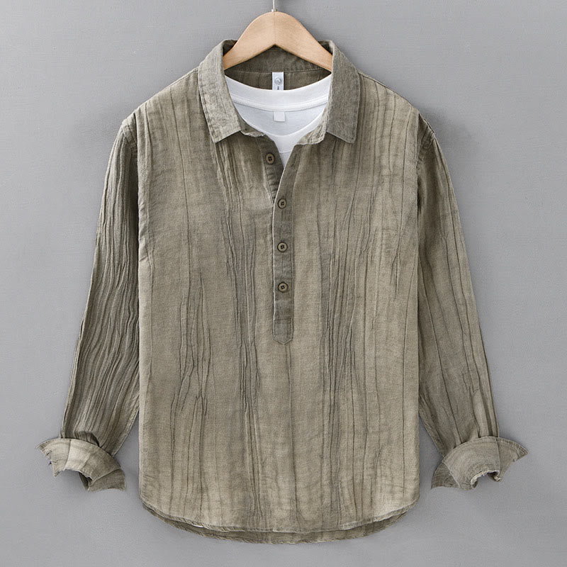 Buddha Stones Solid Long Sleeve Stand Collar Wrinkles Half Button Ramie Linen Men's Shirts - DarkKhaki - US/UK/AU42,EU52 (3XL) - image 15