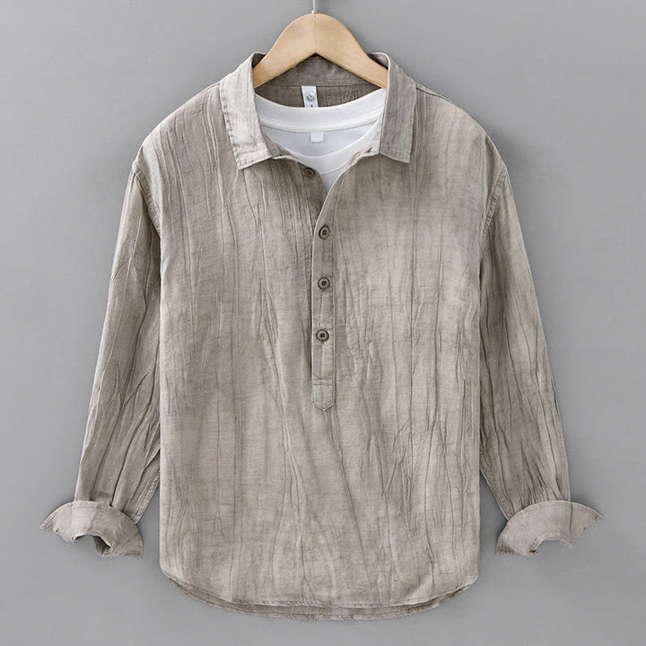 Buddha Stones Solid Long Sleeve Stand Collar Wrinkles Half Button Ramie Linen Men's Shirts - Linen - US/UK/AU42,EU52 (3XL) - image 0