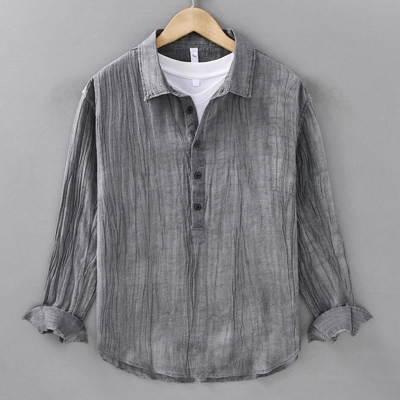 Buddha Stones Solid Long Sleeve Stand Collar Wrinkles Half Button Ramie Linen Men's Shirts - Gray - US/UK/AU42,EU52 (3XL) - image 4