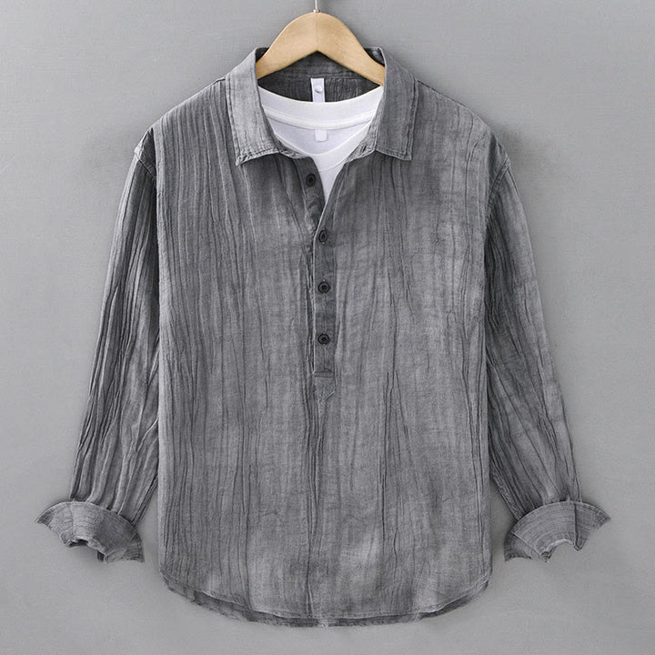 Buddha Stones Solid Long Sleeve Stand Collar Wrinkles Half Button Ramie Linen Men's Shirts - Gray - US/UK/AU42,EU52 (3XL) - image 4