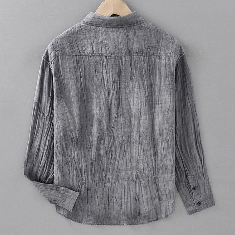 Buddha Stones Solid Long Sleeve Stand Collar Wrinkles Half Button Ramie Linen Men's Shirts - image 5