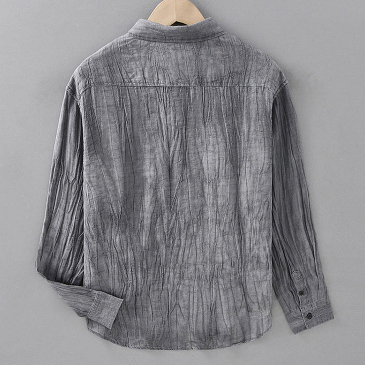 Buddha Stones Solid Long Sleeve Stand Collar Wrinkles Half Button Ramie Linen Men's Shirts - image 5