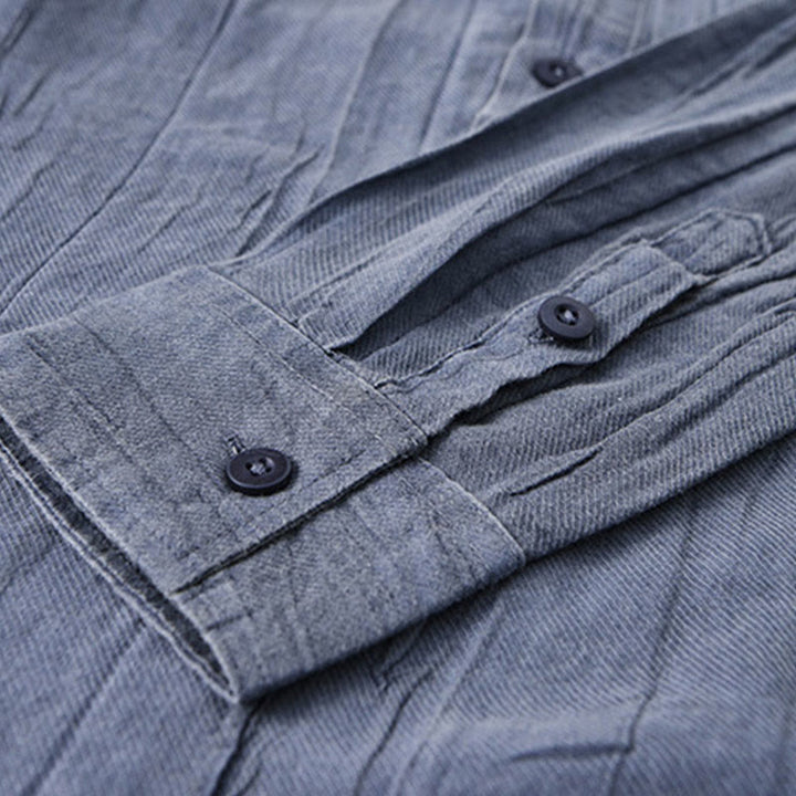 Buddha Stones Solid Long Sleeve Stand Collar Wrinkles Half Button Ramie Linen Men's Shirts - image 14