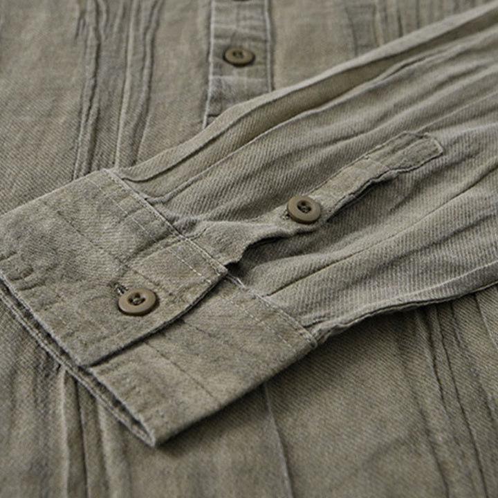 Buddha Stones Solid Long Sleeve Stand Collar Wrinkles Half Button Ramie Linen Men's Shirts - image 18