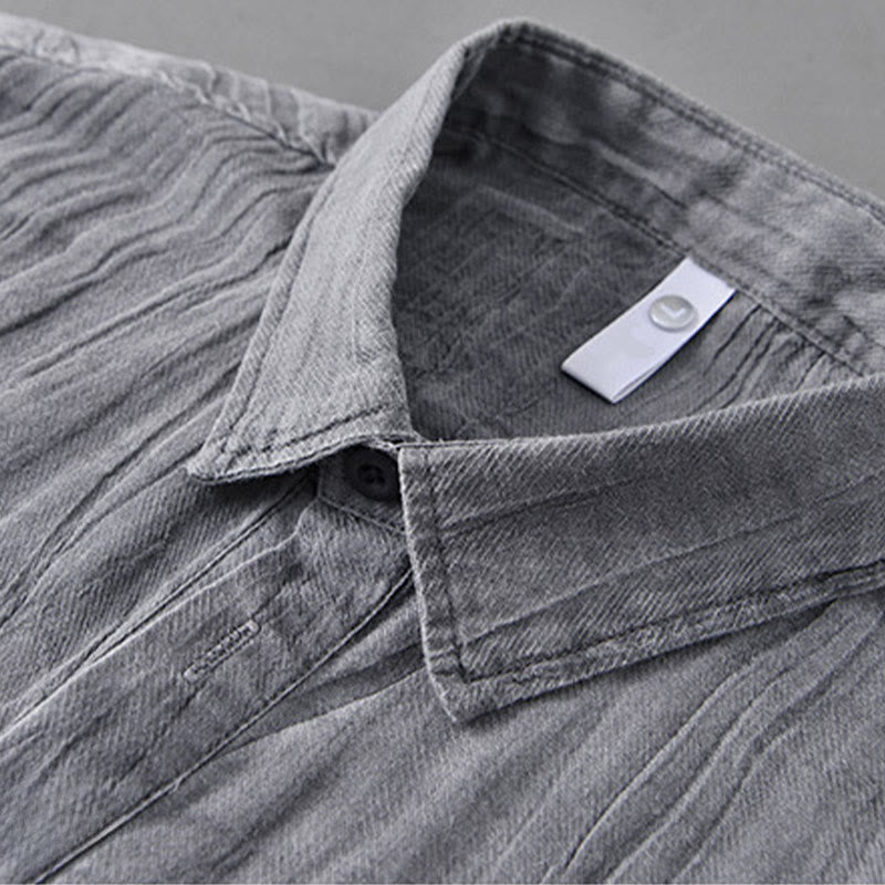 Buddha Stones Solid Long Sleeve Stand Collar Wrinkles Half Button Ramie Linen Men's Shirts - image 6