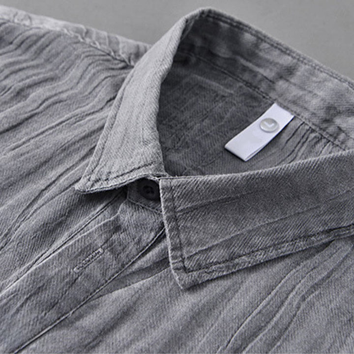 Buddha Stones Solid Long Sleeve Stand Collar Wrinkles Half Button Ramie Linen Men's Shirts - image 6