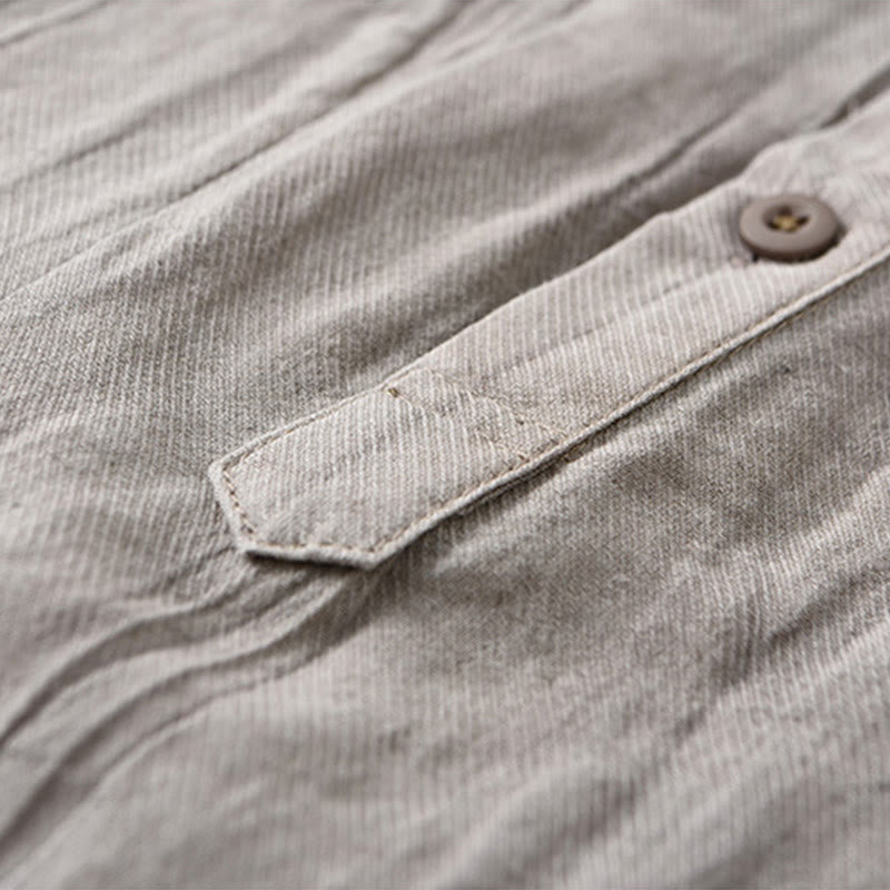 Buddha Stones Solid Long Sleeve Stand Collar Wrinkles Half Button Ramie Linen Men's Shirts - image 2