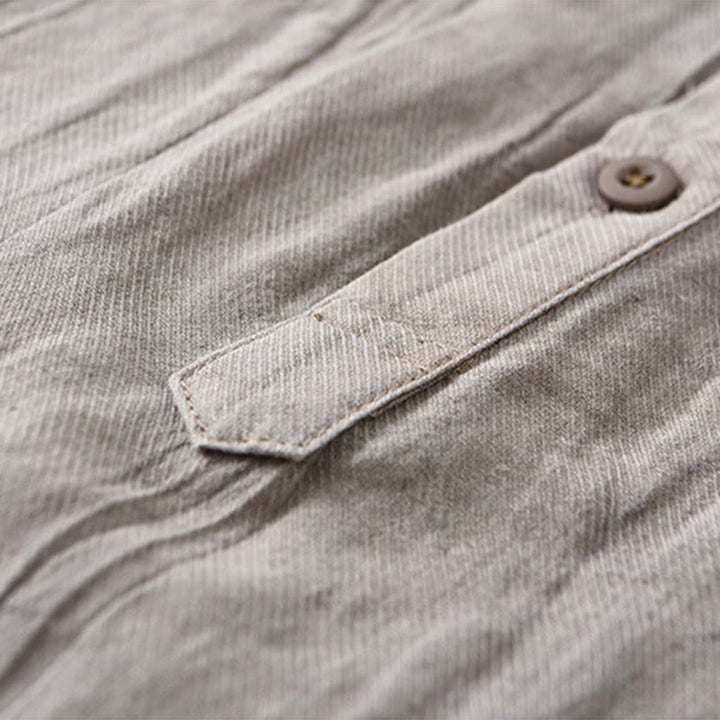 Buddha Stones Solid Long Sleeve Stand Collar Wrinkles Half Button Ramie Linen Men's Shirts - image 2