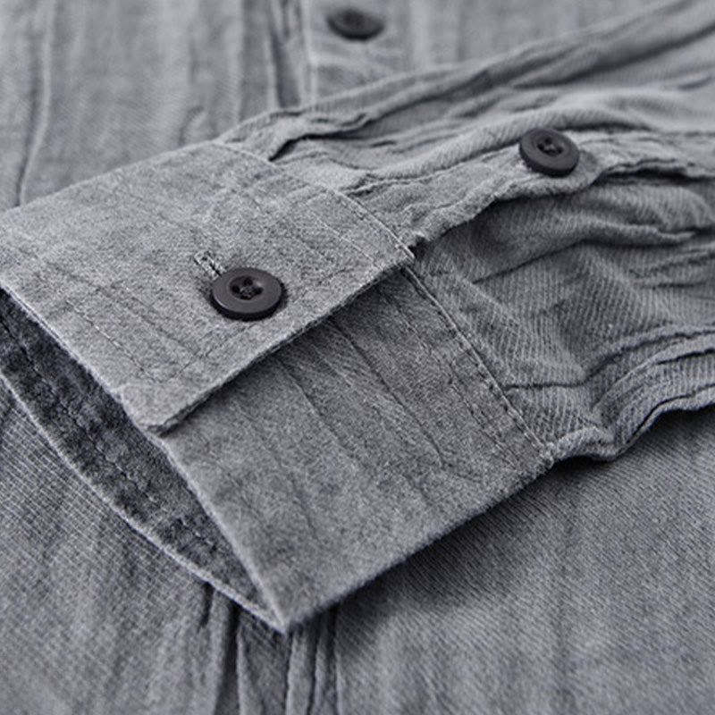 Buddha Stones Solid Long Sleeve Stand Collar Wrinkles Half Button Ramie Linen Men's Shirts - image 8