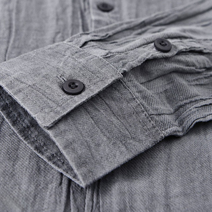 Buddha Stones Solid Long Sleeve Stand Collar Wrinkles Half Button Ramie Linen Men's Shirts - image 8