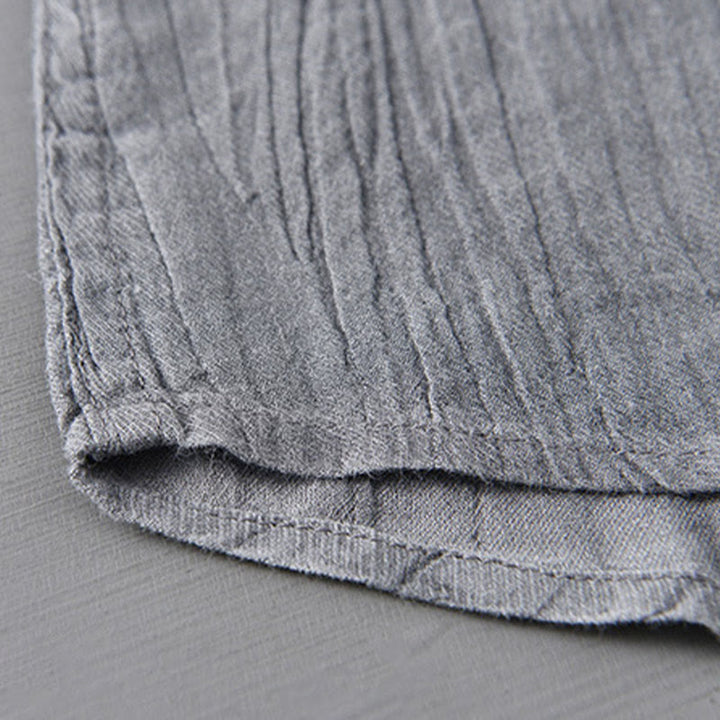 Buddha Stones Solid Long Sleeve Stand Collar Wrinkles Half Button Ramie Linen Men's Shirts - image 9