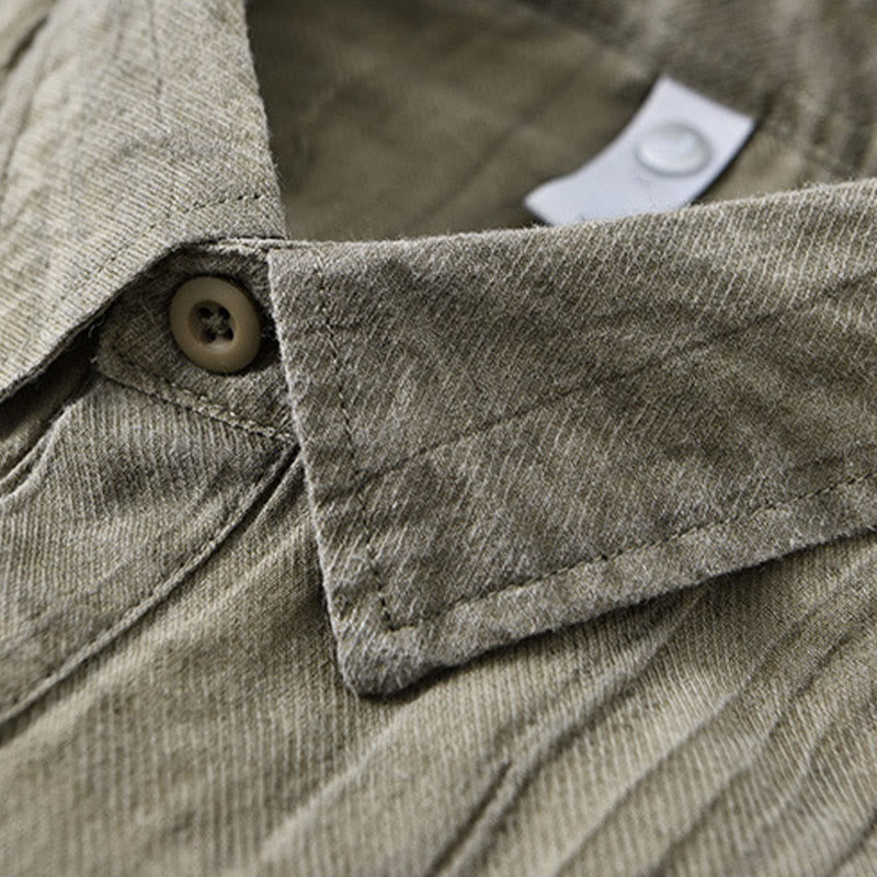 Buddha Stones Solid Long Sleeve Stand Collar Wrinkles Half Button Ramie Linen Men's Shirts - image 16
