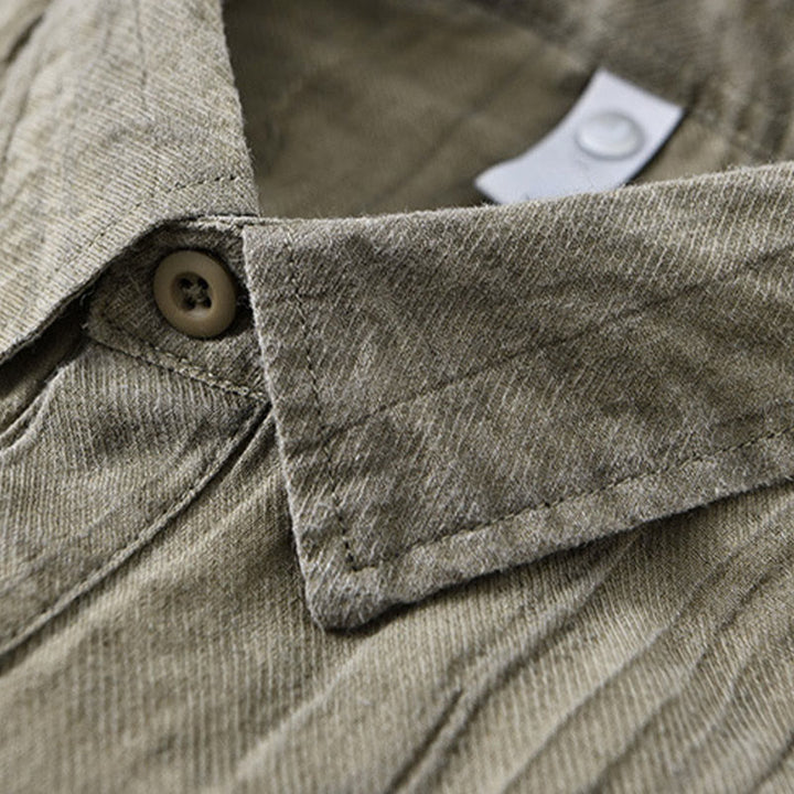 Buddha Stones Solid Long Sleeve Stand Collar Wrinkles Half Button Ramie Linen Men's Shirts - image 16