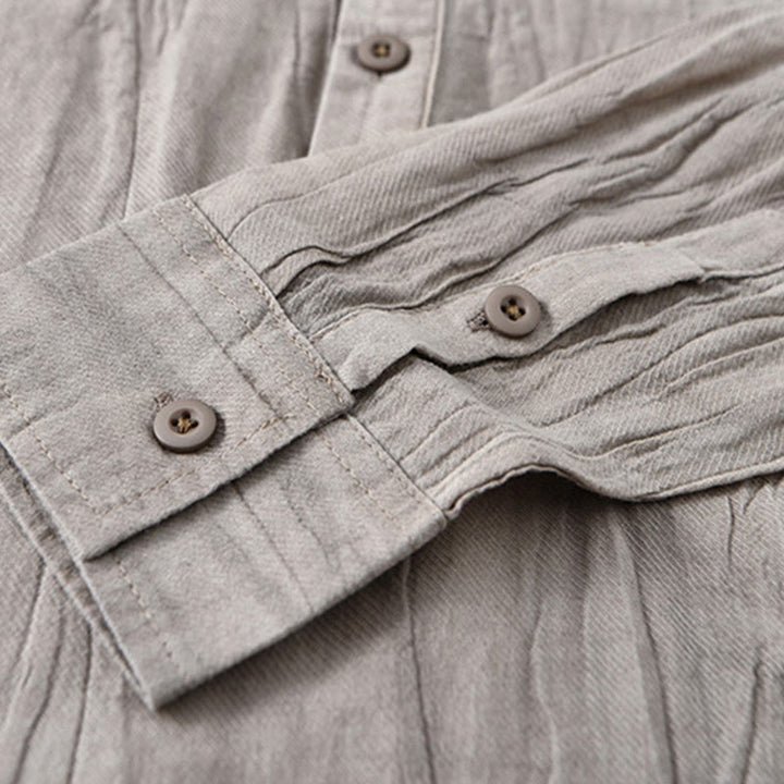 Buddha Stones Solid Long Sleeve Stand Collar Wrinkles Half Button Ramie Linen Men's Shirts - image 3