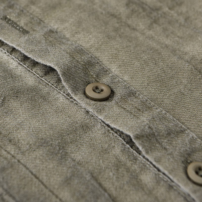 Buddha Stones Solid Long Sleeve Stand Collar Wrinkles Half Button Ramie Linen Men's Shirts - image 17