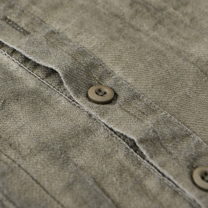 Buddha Stones Solid Long Sleeve Stand Collar Wrinkles Half Button Ramie Linen Men's Shirts - image 17