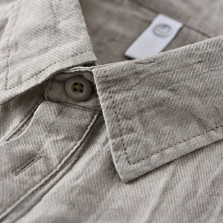 Buddha Stones Solid Long Sleeve Stand Collar Wrinkles Half Button Ramie Linen Men's Shirts - image 1