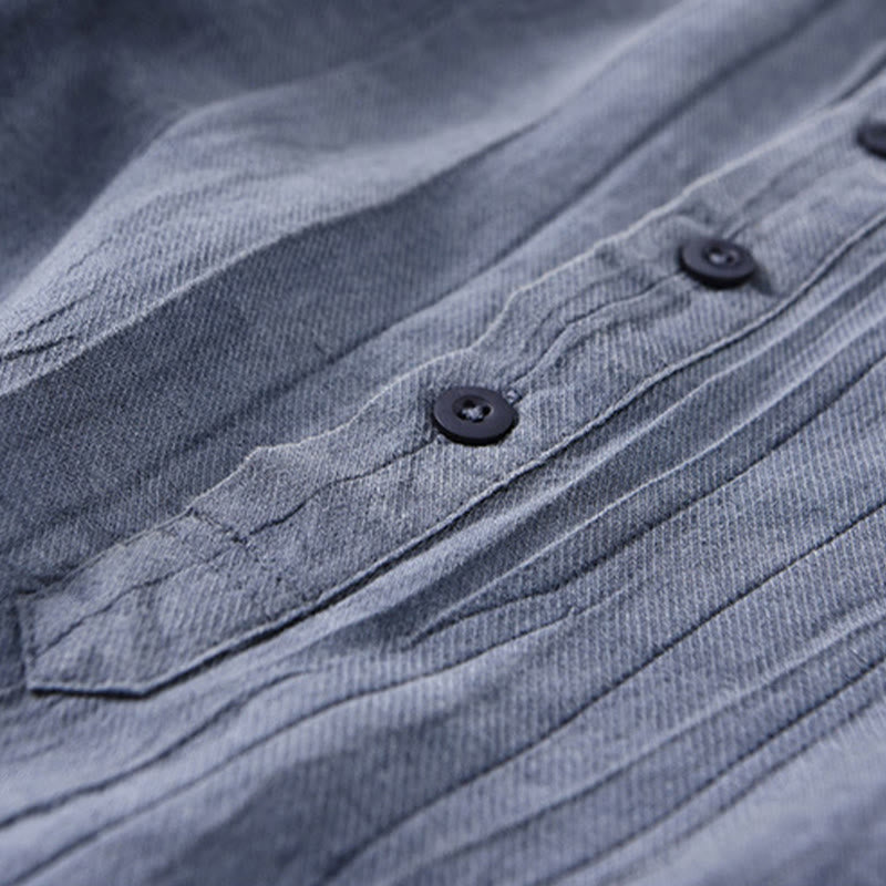 Buddha Stones Solid Long Sleeve Stand Collar Wrinkles Half Button Ramie Linen Men's Shirts - image 13