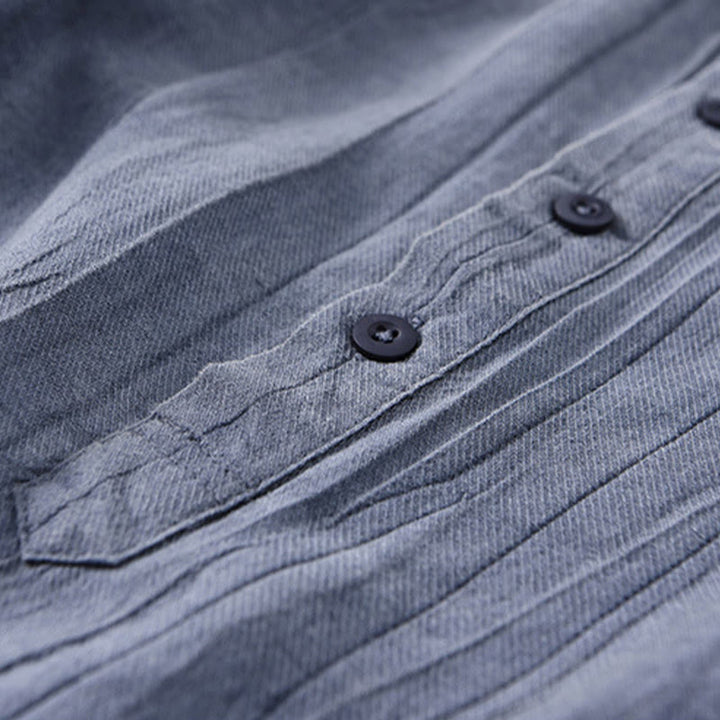 Buddha Stones Solid Long Sleeve Stand Collar Wrinkles Half Button Ramie Linen Men's Shirts - image 13